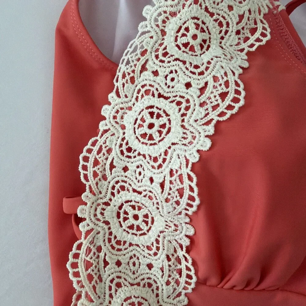 CUPSHE Womens Sz M One Piece Swimsuit Peach Coral Floral Lace Crochet Boho EUC